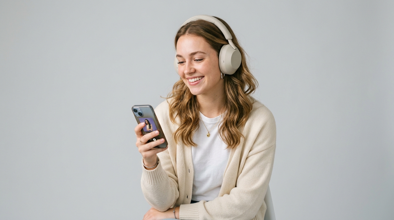 A woman smiling while listening to music on headphones